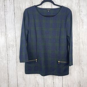 Talbots Top Women Medium Blue Green Plaid Blouse Metallic sweater Holiday Preppy